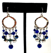 Vintage 2 &quot; Long Silver Color &amp; Blue Faceted Acrylic Crystal Pierced Earrings - $12.99