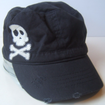 Skull Crossbones Youth Hat Distressed Black Hook Loop Army Cap - $13.88