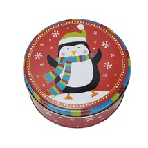 Christmas Winter Penguin with Scarf &amp; Cap Tin Can Round Empty Red - £5.61 GBP