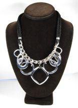 Big Silvertone Charm Rings Necklace Vintage Black Cording Choker Chain 19 - 21&quot; - £15.02 GBP