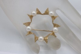 Vintage 14K Yellow Gold wreath Bow Design Brooch Pin w/ 5 Pearls 5.8 grams - £330.69 GBP