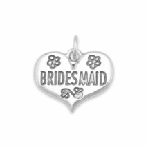 14k White Gold Over Bridesmaid Engraved Flower Heart Charm Women&#39;s Wedding Gift - £47.78 GBP