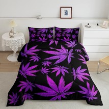 Marijuana Leaf Queen Size Black Purple Comforter Set Weed Leaf Botanical Bedding - £76.00 GBP