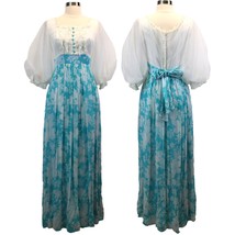 VINTAGE 60s 70s Sylvia Ann Womens S Maxi Dress Floral Turquoise Cream Boho  - £77.43 GBP