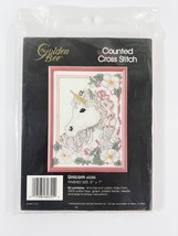 Vintage 1987 Counted Cross Stitch KIT Unicorn Pink w/ Frame by Golden Bee 5"x7" - $15.47