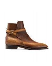 Bespoke Men&#39;s Handmade Tan Black Color Genuine Leather Jodhpur Ankle High Boots, - £177.82 GBP