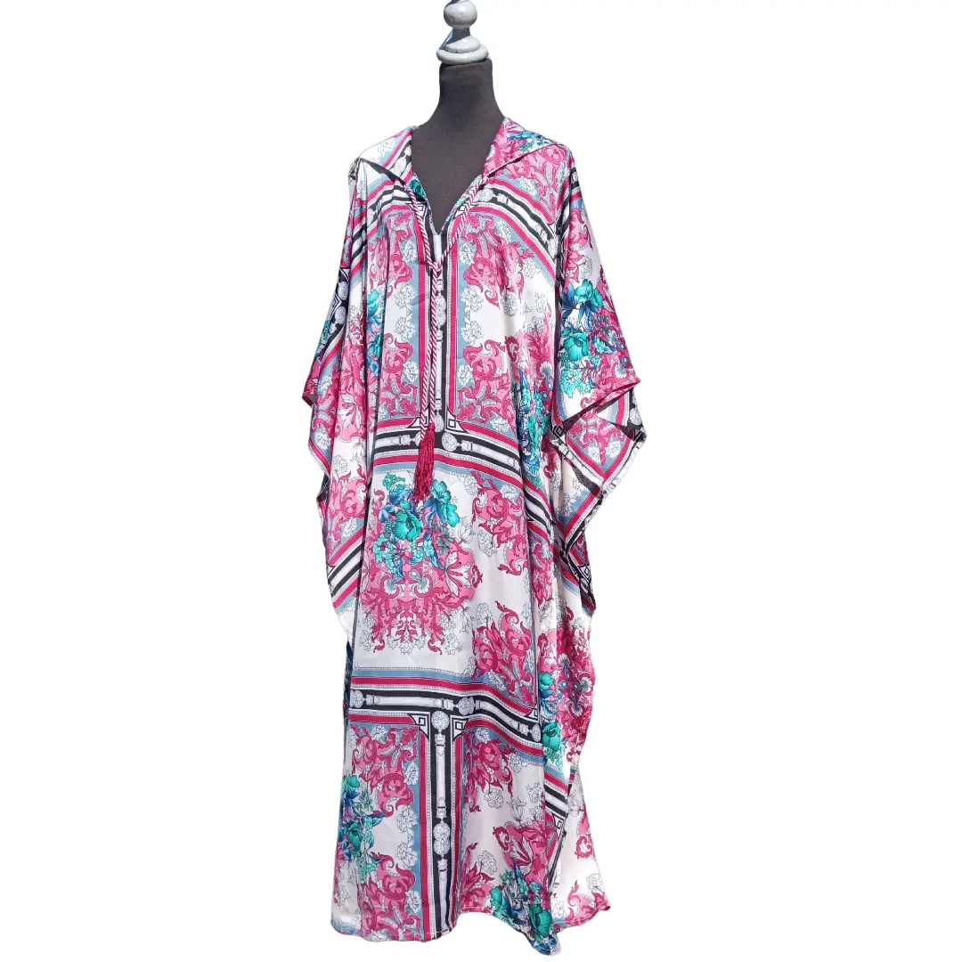 Beautiful Moroccan printed soft silk Hooded Kaftan, fit Women small to X... - $90.00