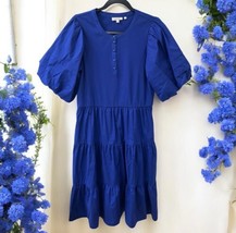 Chico’s Women Blue Midi Dress Plus Size 2 (Large) Puff Sleeve Crew Neck Tiered - $39.59