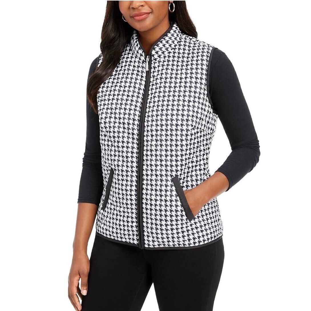 Karen Scott Womens S Black Houndstooth Printed Quilted Puffer Vest NWT BQ74 - $23.51