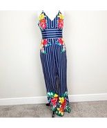 Chicways Floral and Striped Jumpsuit Size Large Hibiscus Flower Vneck blue - $17.14