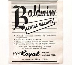 1957 Royal Baldwin Sewing Machine NYC Advertisement Crafts Sew Supply F7C - €17,28 EUR