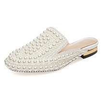 Luxury Pearl Slippers Woman Square Toe Rhinestone Metal Heels Flat Shoes For Wom - £135.38 GBP
