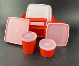 Tupperware Red Orange Keeper Lunchbox Lid Handle w/4 Inside Containers C... - $24.74