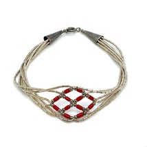 Vtg Signed Sterling Native American Coral Woven Liquid Heishi Bead Bracelet sz 7 - £35.51 GBP