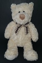 Kellytoy White Rosette Bear Plush Lovey 13&quot; Brown Plaid Bow Stuffed Animal Toy - £18.38 GBP