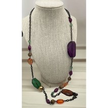 Vintage Art Bead Necklace Purple Green Orange Hippie Boho Tribal - $20.89