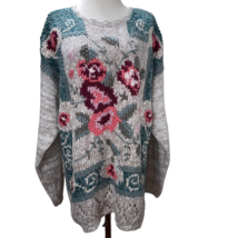 Vintage 1980s Hand Knit Linen Blend Embroidered Oversized Flowers Sweater Size L - £24.04 GBP