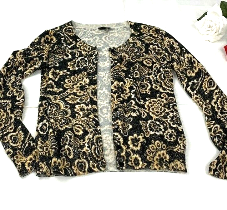 Talbots Women&#39;s Petite Size P Cardigan Black Gold Sparkle Shimmer Button... - $12.65