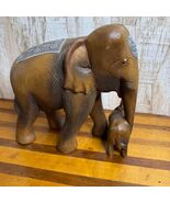 Hand Carved Wooden 9&quot; Elephant Mother Baby Figurine Statue Made in Thailand - $42.06 CAD
