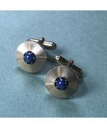Vintage Pair of Etched Goldtone Circles w Center Blue Stone Cuff Links -... - £10.25 GBP