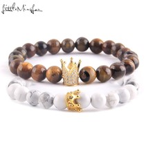 Luxury natural stone beads Couple Lovers bracelet Set CZ King Queen Crown Charm  - £15.70 GBP