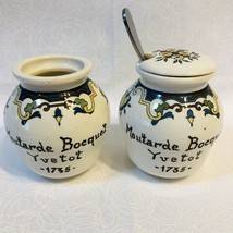 2 Moutarde Bocquet Yvetot 1735 Mustard Jars Pots 3 1/2&quot; 1 lid 1 spoon France - £27.34 GBP