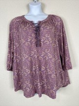 Chaps Womens Plus Size 2X Purple Floral Tassled Neck Knit Top 3/4 Sleeve - £15.50 GBP