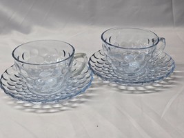 Vintage BUBBLE BLUE Cup &amp; Saucer Set By ANCHOR HOCKING - Set Of 2 - Circ... - $12.66