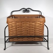Longaberger Newspaper Basket With Wrought Iron Stand Divided Plastic Protector - £100.76 GBP