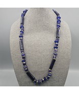 Blue Cobalt Glass Beaded Necklace Frosted And Shiny 34&quot; Hook Clasp - $29.99
