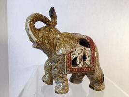 Vtg Ceramic Elephant W/ Saddle  Gold &amp; Red Good Luck Trunk Up India Hand Painted - £14.74 GBP