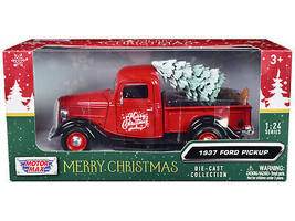 1937 Ford Pickup Truck Red Black Merry Christmas w Tree Accessory 1/24 Diecast C - £33.77 GBP