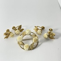 Vintage K.L. Jewelry Brooch w/ Matching Earrings 12k G.F. Flowers And Leaves - $29.93