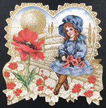 1920s Victorian Die Cut Embossed Girl Blue Bonnet Golden Heart Meadow Valentine - £11.14 GBP