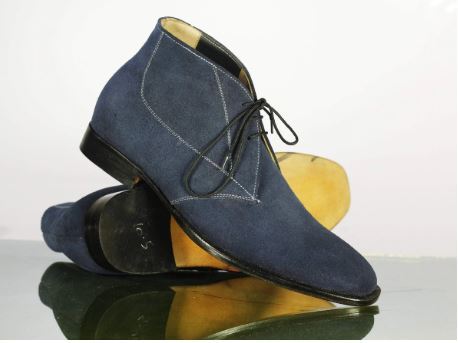 Handmade Men's Blue Suede Chukka Lace Up Ankle Boots, Men Designer Buckle Boots