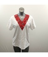 P.G.B Vintage Women&#39;s T Shirt Size Large White w/Red Beaded Trim V Neck   - £8.54 GBP