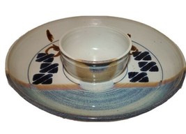 JUNE signed Studio Art Pottery Swirl Cobalt Blue Drip Glaze Chip &amp; Dip S... - £34.49 GBP