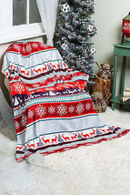 Fiery Red Christmas Elk Print Reversible Sherpa Fleece Blanket - £18.00 GBP