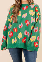 Green Plus Size Floral Knitted Drop Shoulder Sweater - $42.79