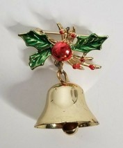 Red Green Leaves Christmas Ringing Bell Vintage Gold Tone Brooch Pin - £8.80 GBP