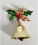 Red Green Leaves Christmas Ringing Bell Vintage Gold Tone Brooch Pin - £8.75 GBP