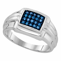 Sterling Silver Mens Round Blue Color Enhanced Diamond Cluster Ring 1/4 Cttw - £159.29 GBP