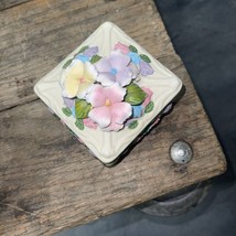 Vintage  Hand Painted Blue, White, Pink, Porcelain Ceramic Trinket Box 3.5” Sq. - £19.44 GBP