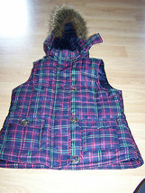 Girls Size Large 10 Gap Kids Hooded Winter Vest Plaid Navy Magenta Pink Green  - $24.00