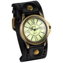 Punk Retro Bronze Round Dial Black Wide Leather Belt Strap Cuff Bracelet Watch - £23.34 GBP