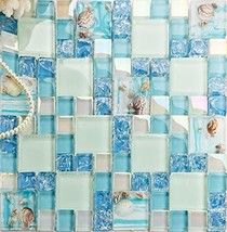 Glossy Glass Tile Crack Blue Iridescent White Mosaic Beachy Backsplash Set of 11 - £146.05 GBP