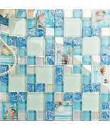 Glossy Glass Tile Crack Blue Iridescent White Mosaic Beachy Backsplash S... - £143.36 GBP