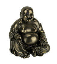 Bronze Finish Laughing Buddha Holding Beads and Bag Statue - £63.64 GBP