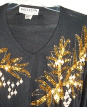 Vintage Top Western Connection beaded Sequin Black rayon stretchy Knit Sz L - £15.55 GBP