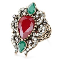 Hot Vintage Rings For Women Antique Gold Mosaic Red Crystal Ethnic Bride Ring Un - £6.91 GBP